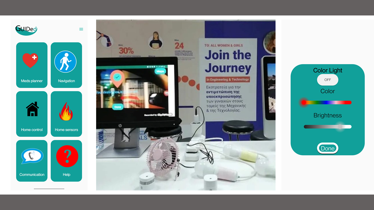 Screenshots of TRhe GUIDed app prototype and photo of exhibition with GUIDed equipment